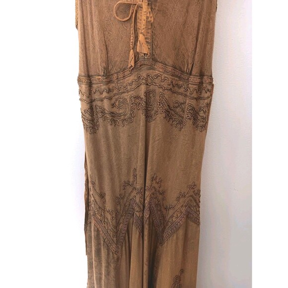 Sakkas Boho Maxi Dress 1X/2X Tan Embroidered Crinkle Cotton Rayon Elastic Bust - Picture 3 of 14